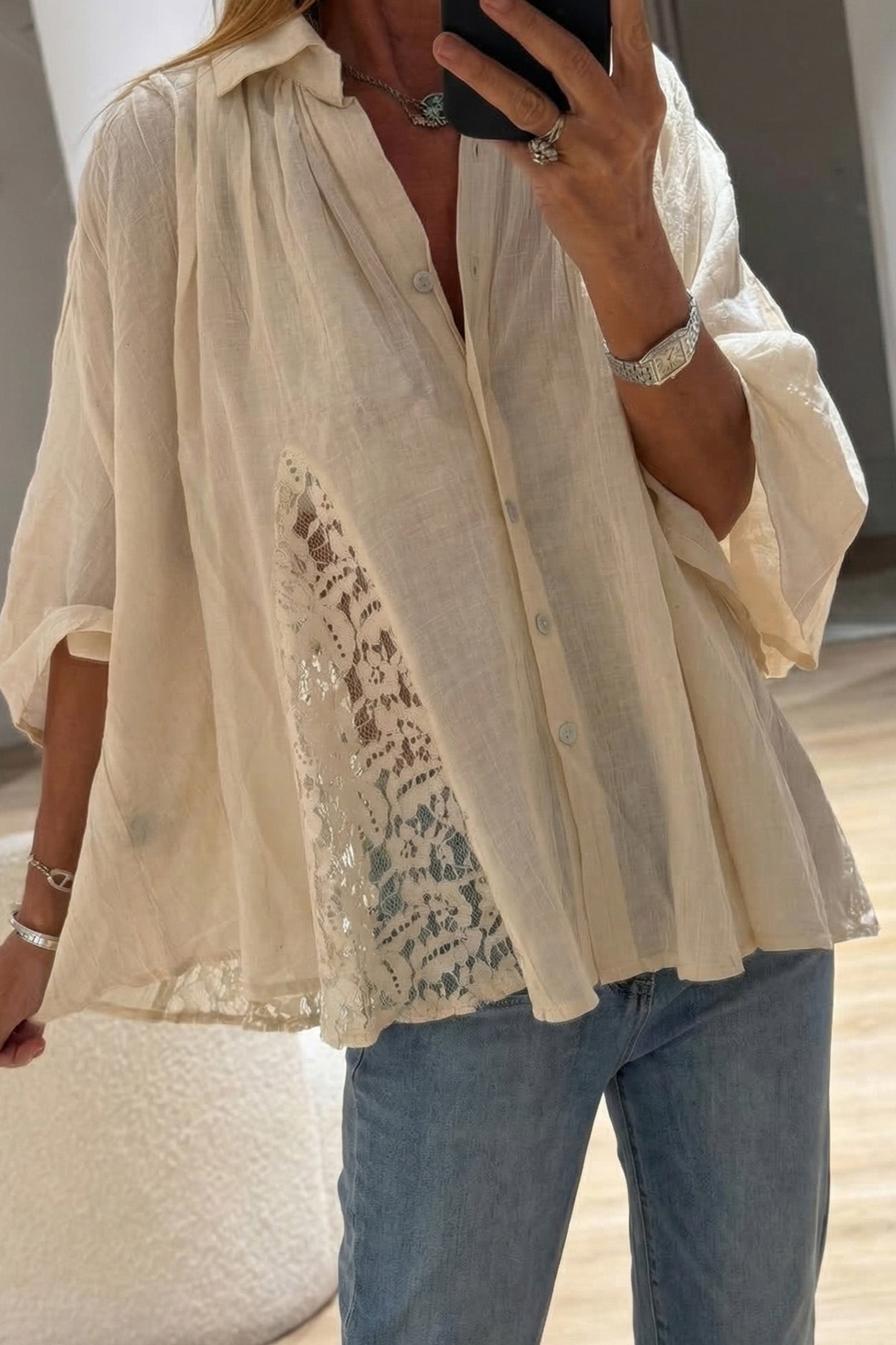 Oatmeal Sheer Lace Splicing Detail Bracelet Sleeve Loose Flowy Shirt – Beige