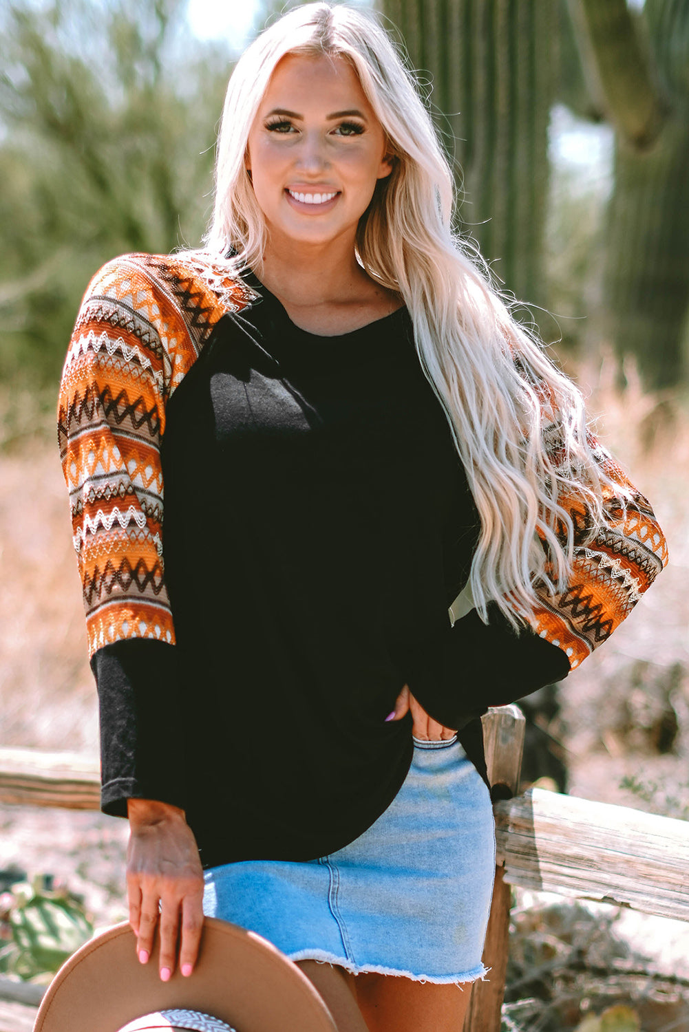 Orange Geo Print Raglan Patchwork Long Sleeve Tee eAura