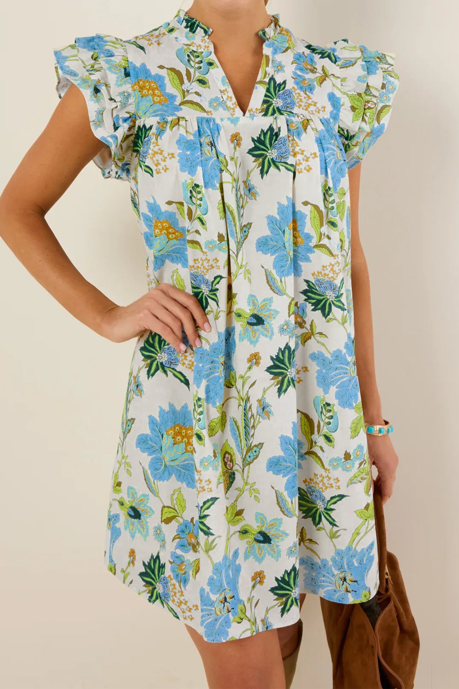 Floral Print V-Neck Triple Ruffle Short Sleeve Shift Mini Dress