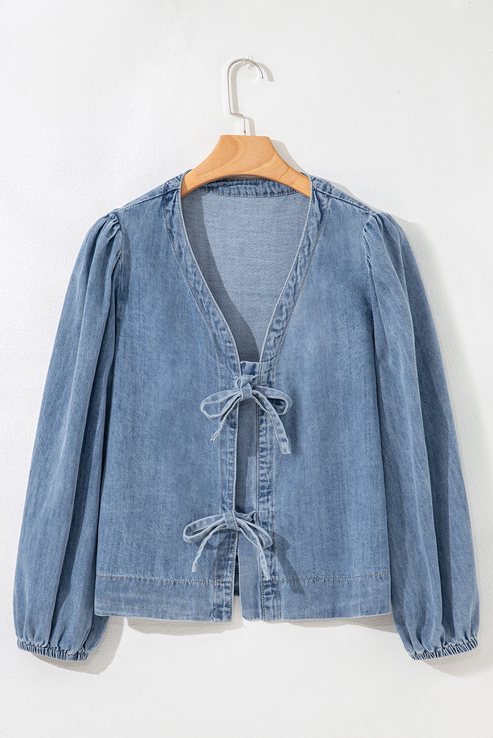 Tied Front Long Puff Sleeve Denim Top - eAura