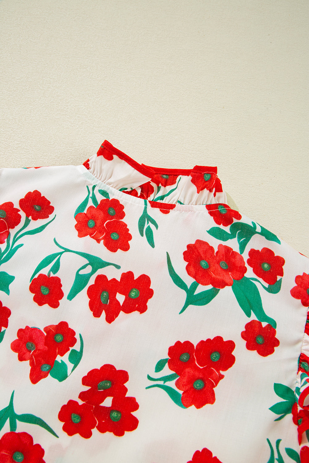 Red Floral Print Ruffled Puff Sleeve Elegant Summer Shirt eAura