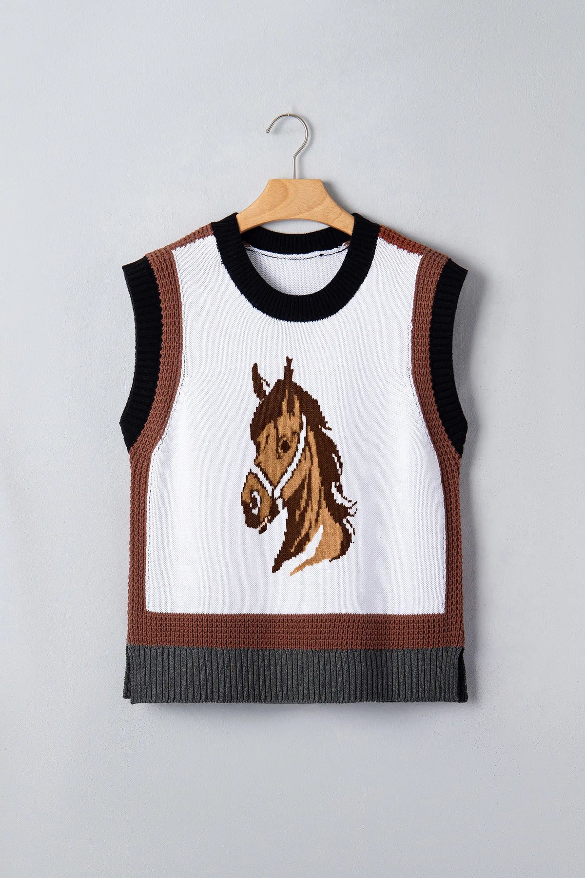 White Western Horse Head Colour Block Trim Sweater Vest