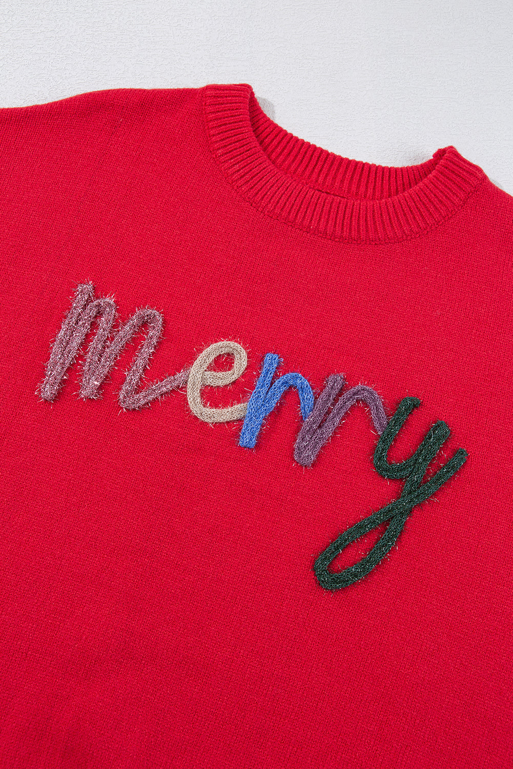Fiery Red Tinsel Merry Letter Drop Shoulder Baggy Sweater eAura