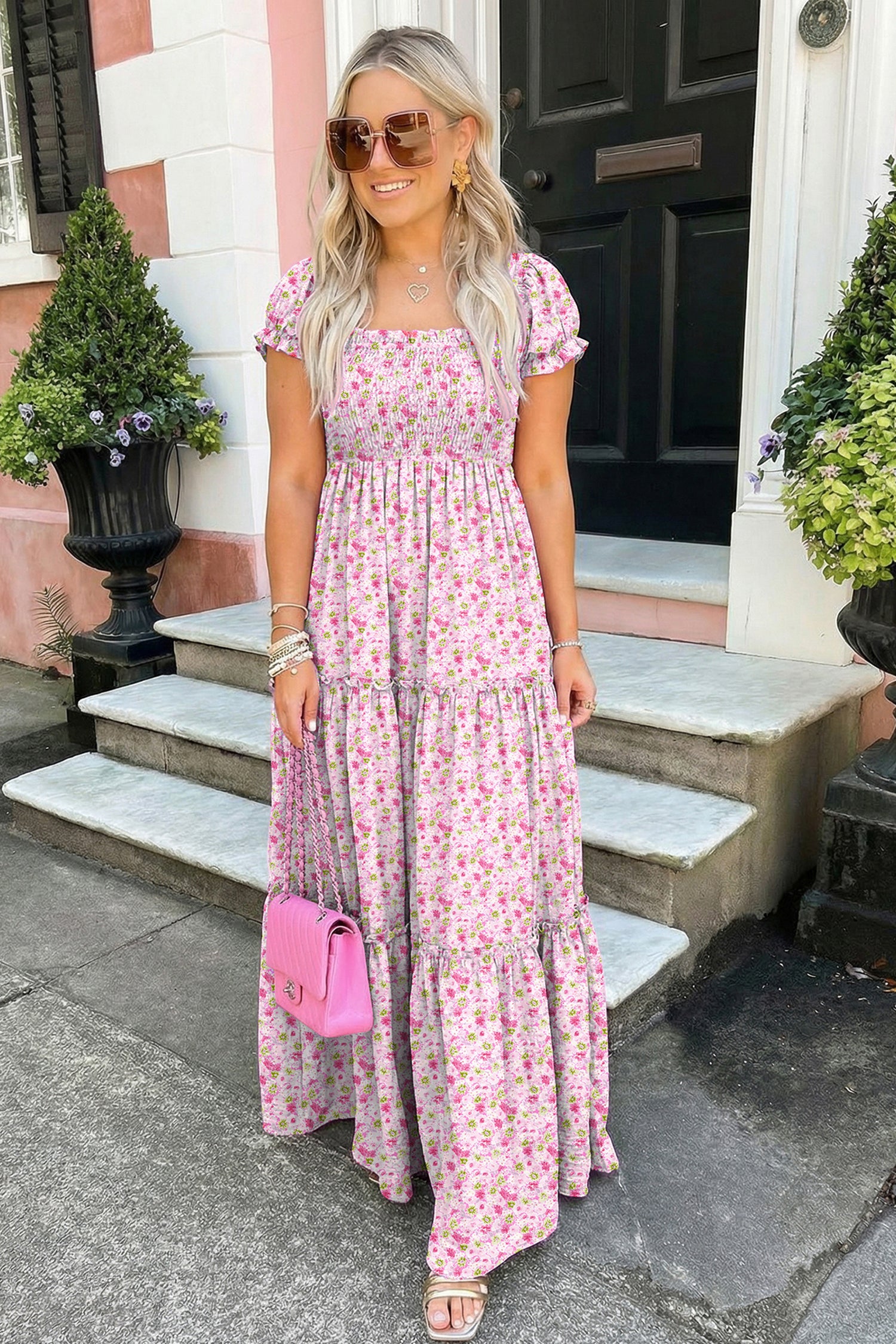 Floral Short Bubble Sleeve Shirred High Waist Maxi Dress – Pink