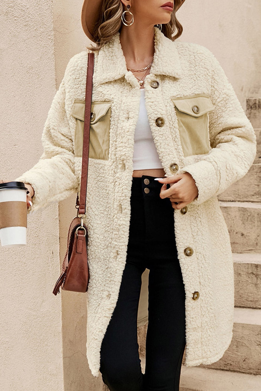 Beige Contrast Flap Pocket Single Breasted Teddy Coat eAura