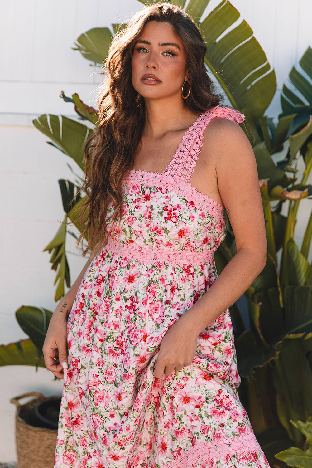 Pink Floral Lace Tied Strap Empire Waist Maxi Dress eAura