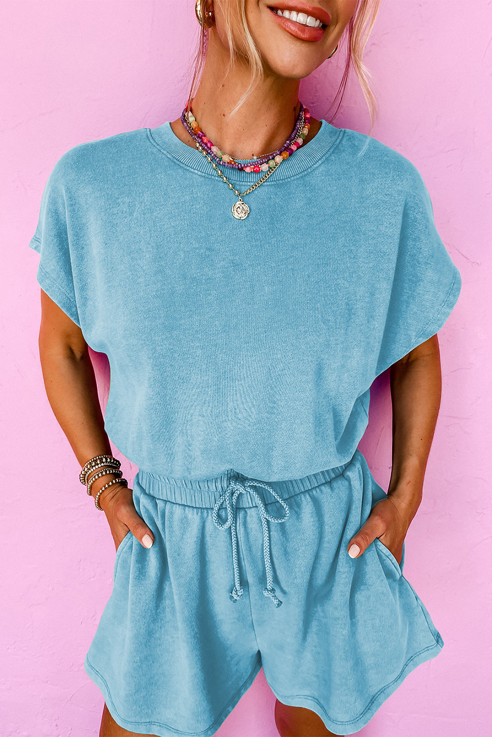 Mineral Wash Drawstring Waist Hollow Out Back Short Sleeve Romper eAura