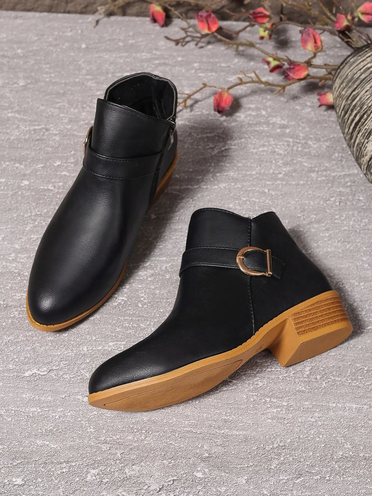 Black buckle ankle boots with low block heels