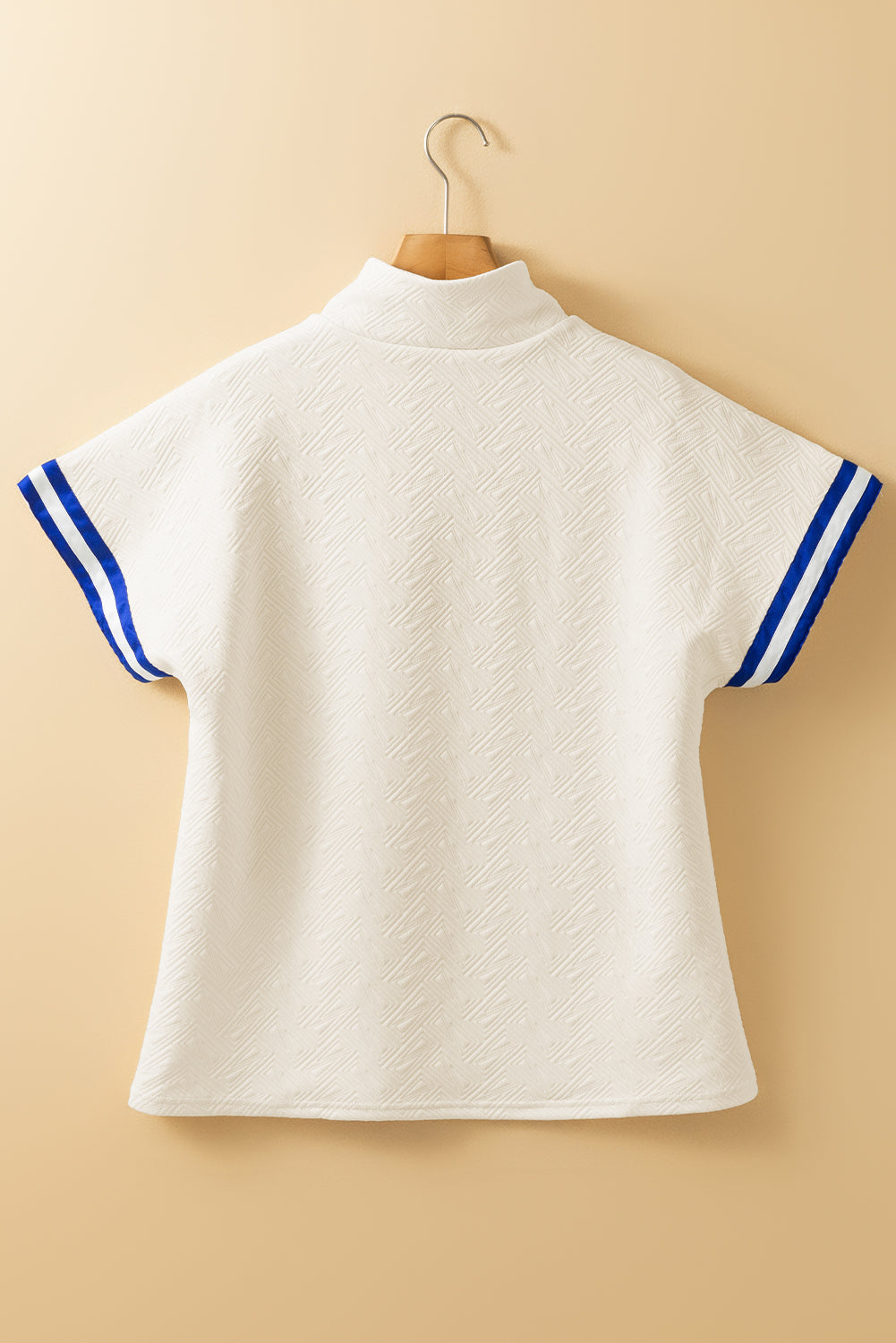 Beige Preppy Striped Trim Textured Quarter Zipper Colourblock Short Sleeve Top eAura
