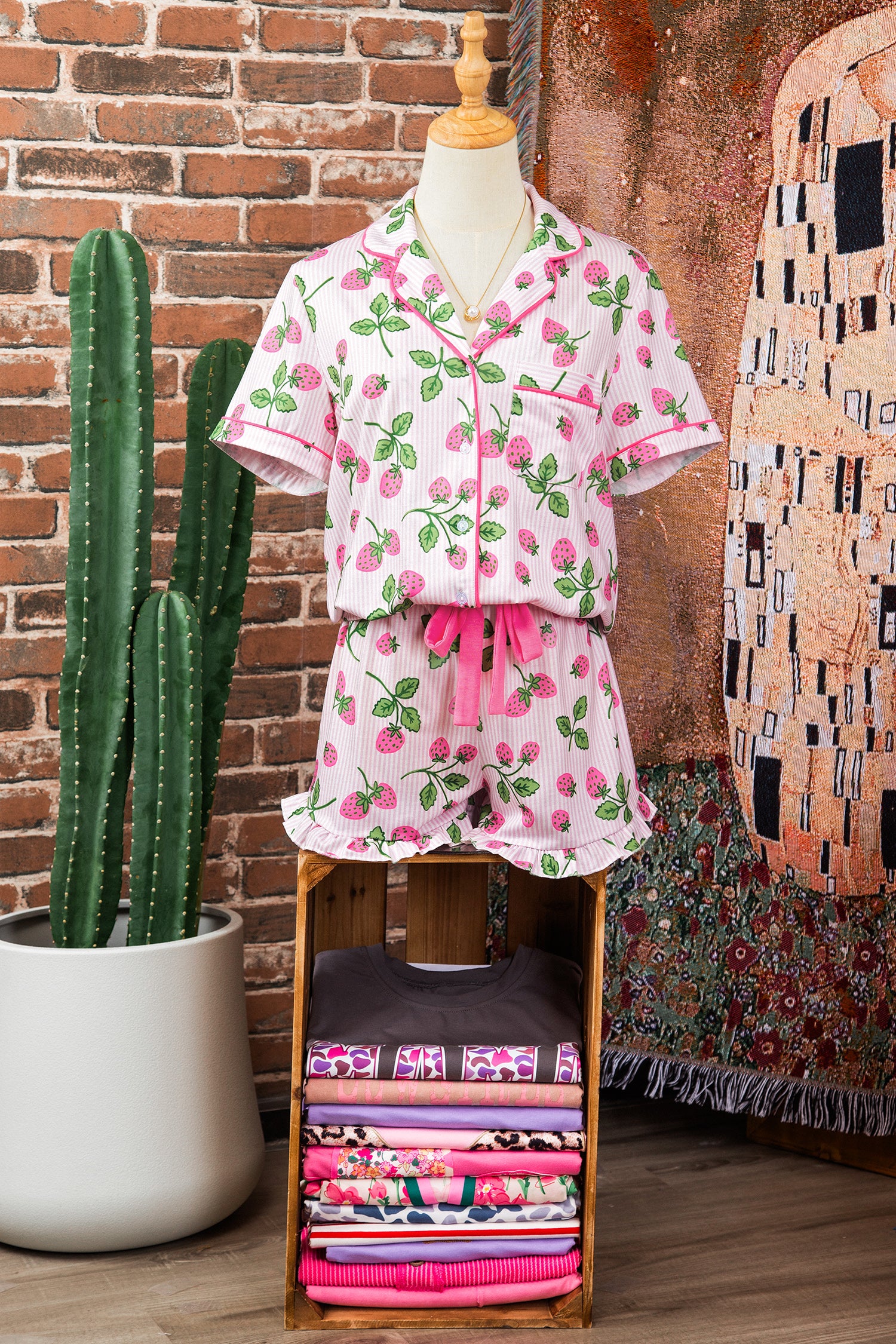 Striped Strawberry Print Pyjama Set – Pink