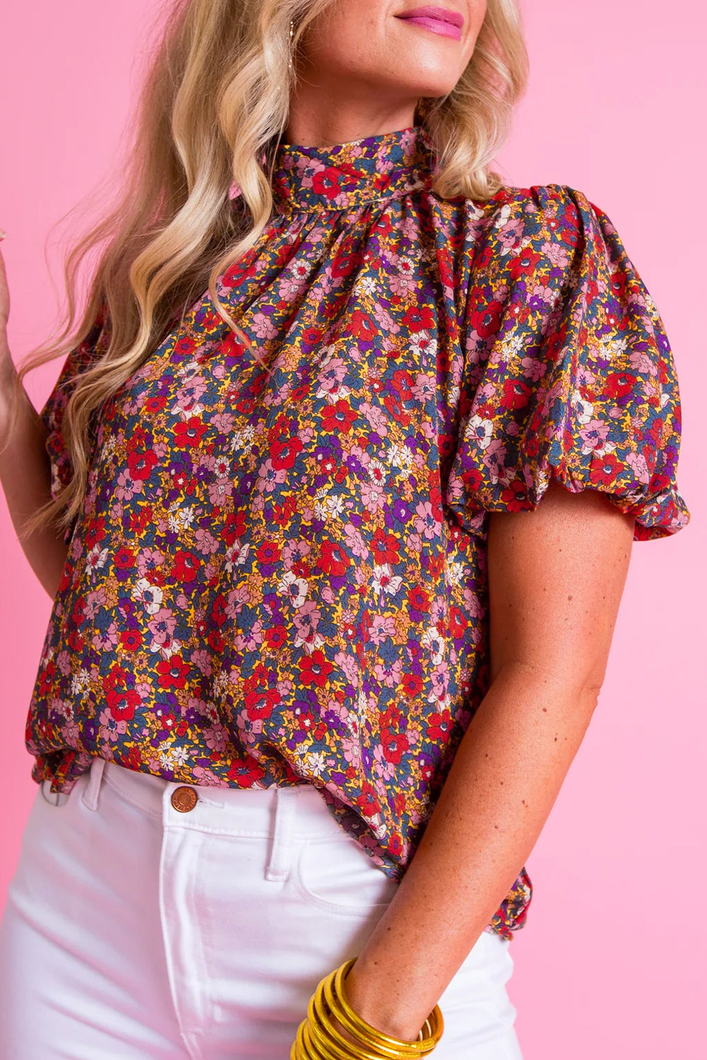 Purple Floral Print Knotted High Neck Puff Sleeve Blouse eAura