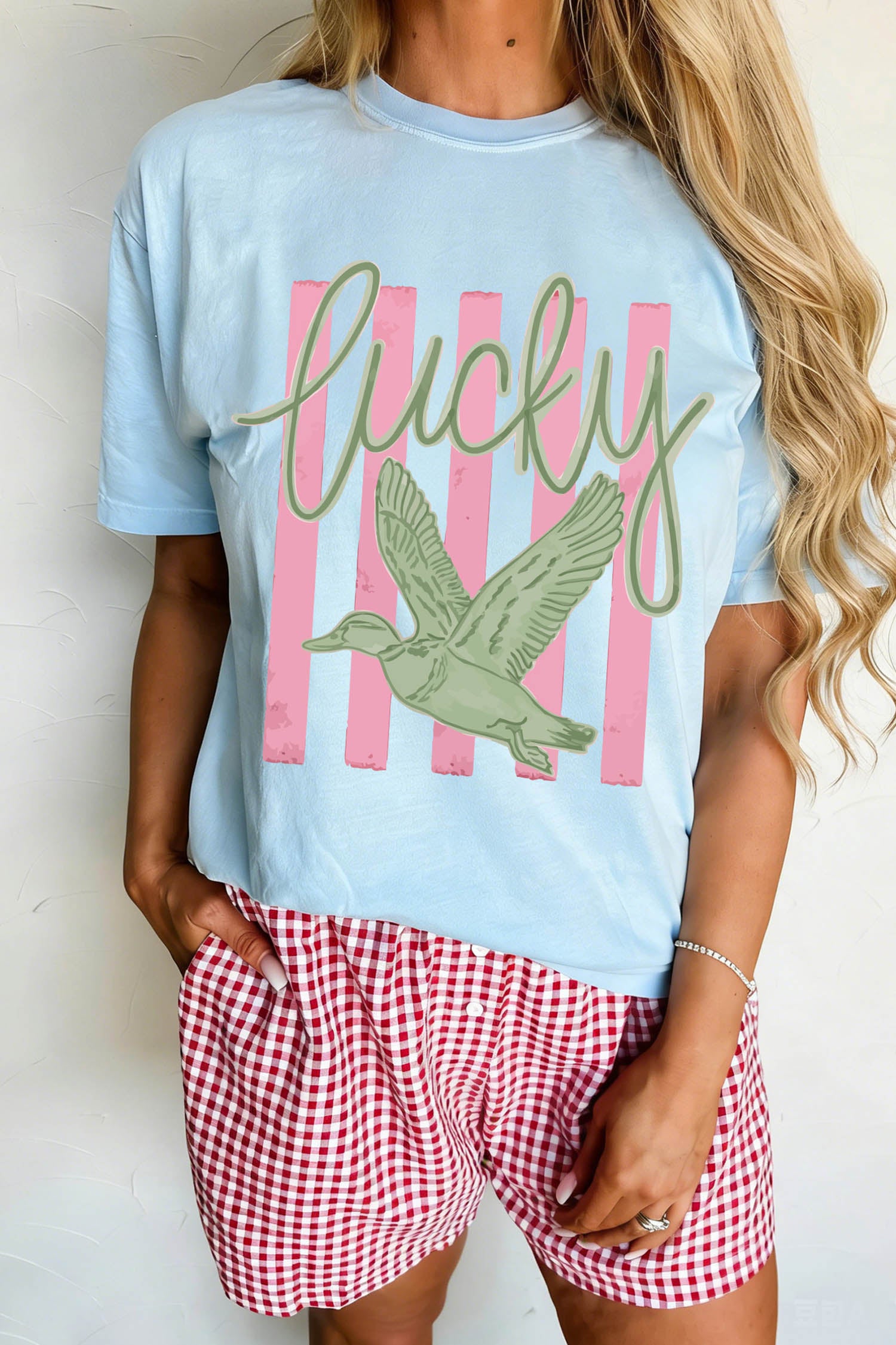 Lucky Duck Print Casual Round Neck T Shirt – Light Blue