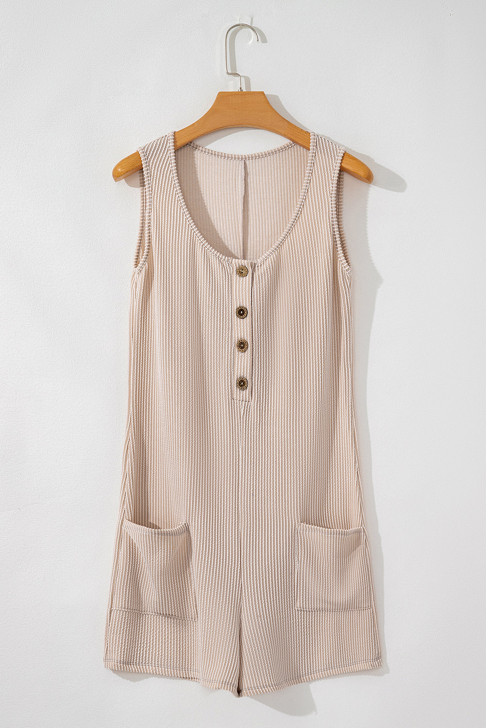 Parchment Ribbed Knit Side Pockets Buttoned Sleeveless Romper eAura