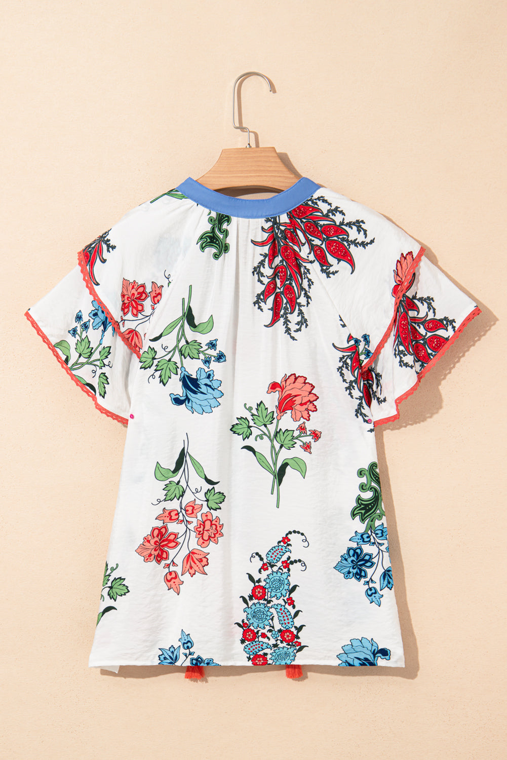 White Floral Print Contrast V Neck Tassel Tie Lace Detail Short Sleeve Blouse eAura