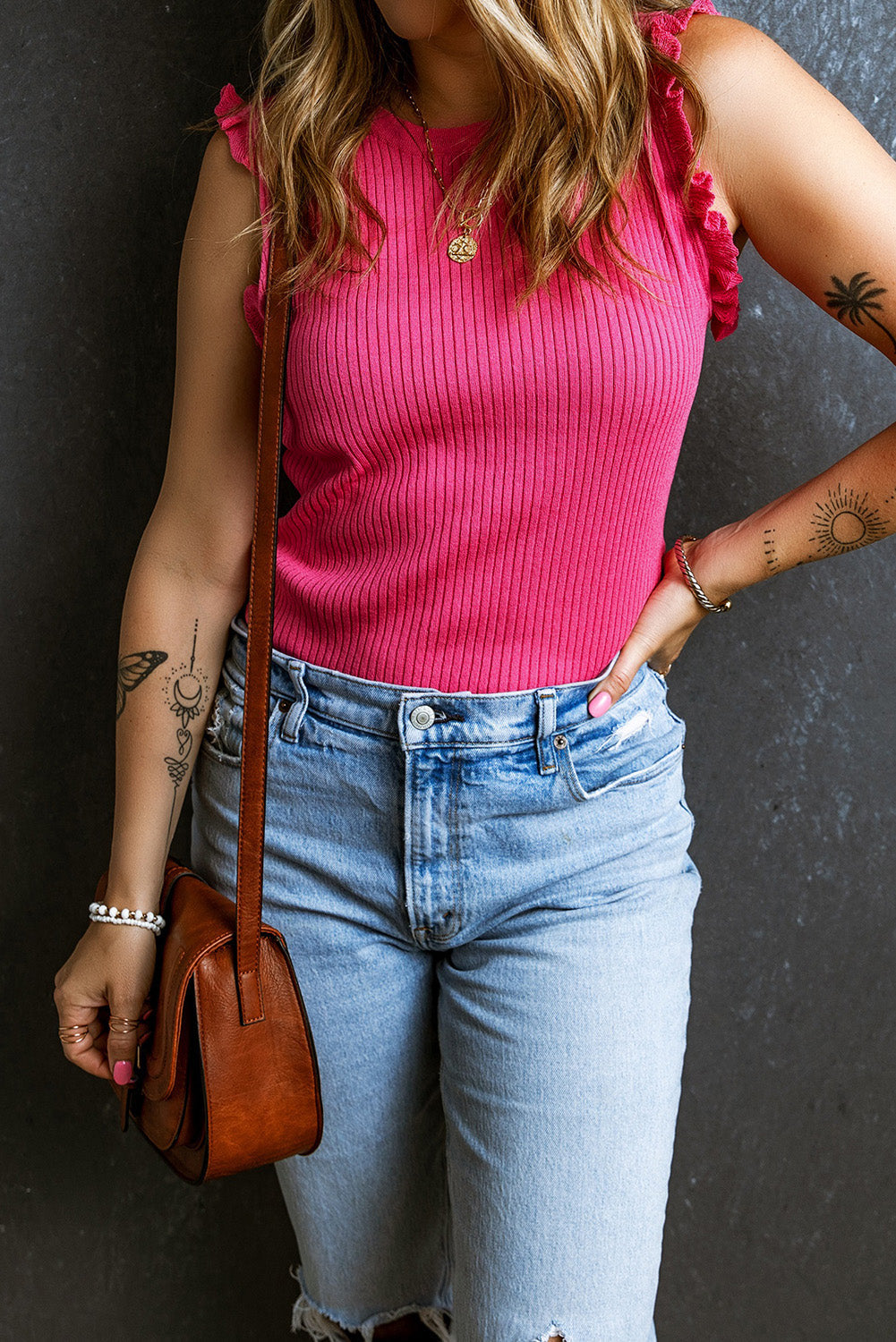 Bright Pink Ribbed Ruffled Sweater Tank eAura
