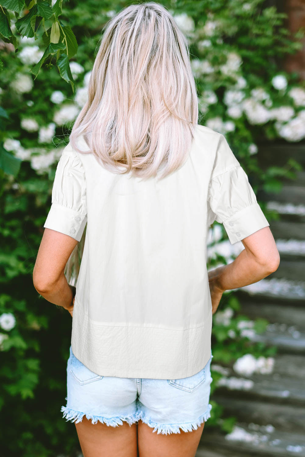 White Solid Colour Ruched Bubble Sleeve V Neck Blouse eAura