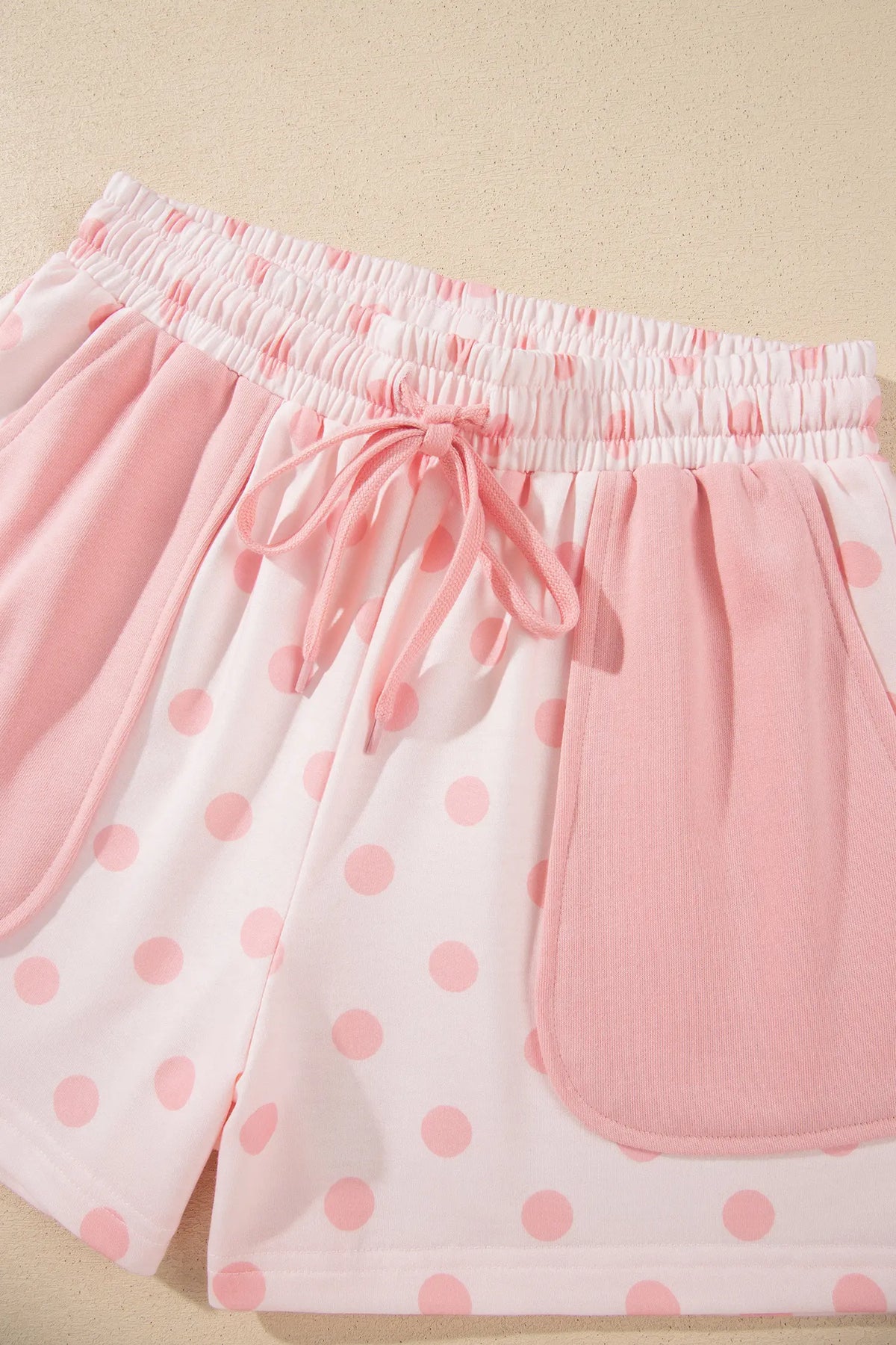 Polka Dot Drop Shoulder Polo Loose Pullover Patch Pocket Casual Shorts Set – Pink