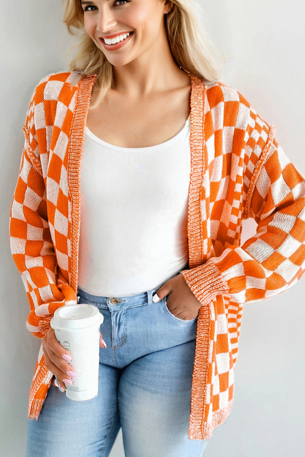 Orange Checkered Bubble Sleeve Drop Shoulder Open Cardigan eAura