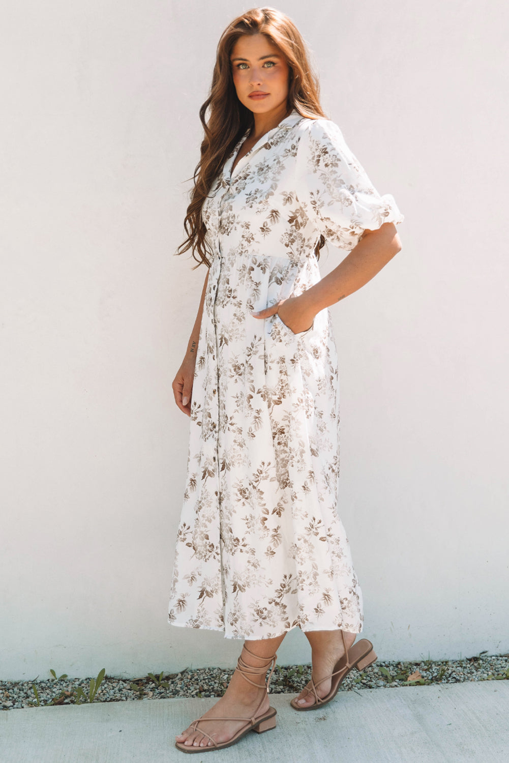 Khaki Floral Puff Sleeve V Neck Buttoned Front Maxi Dress eAura