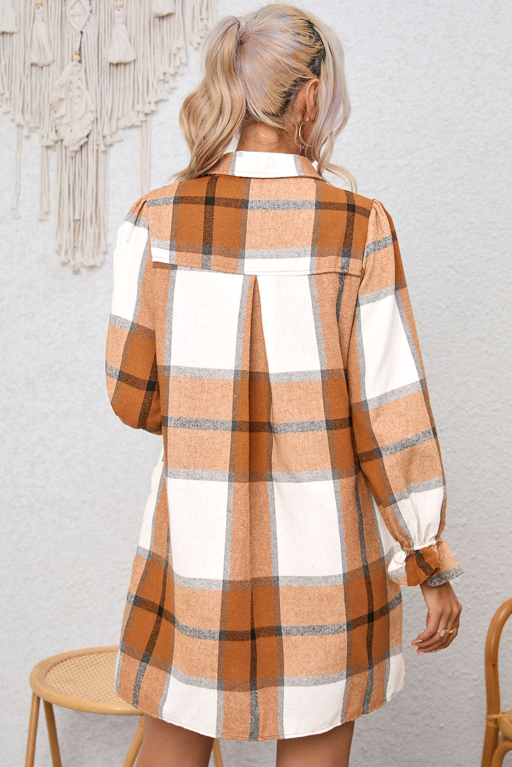 Khaki Plaid Pattern Collared Neck Ruffled Sleeve Shirt Dress eAura