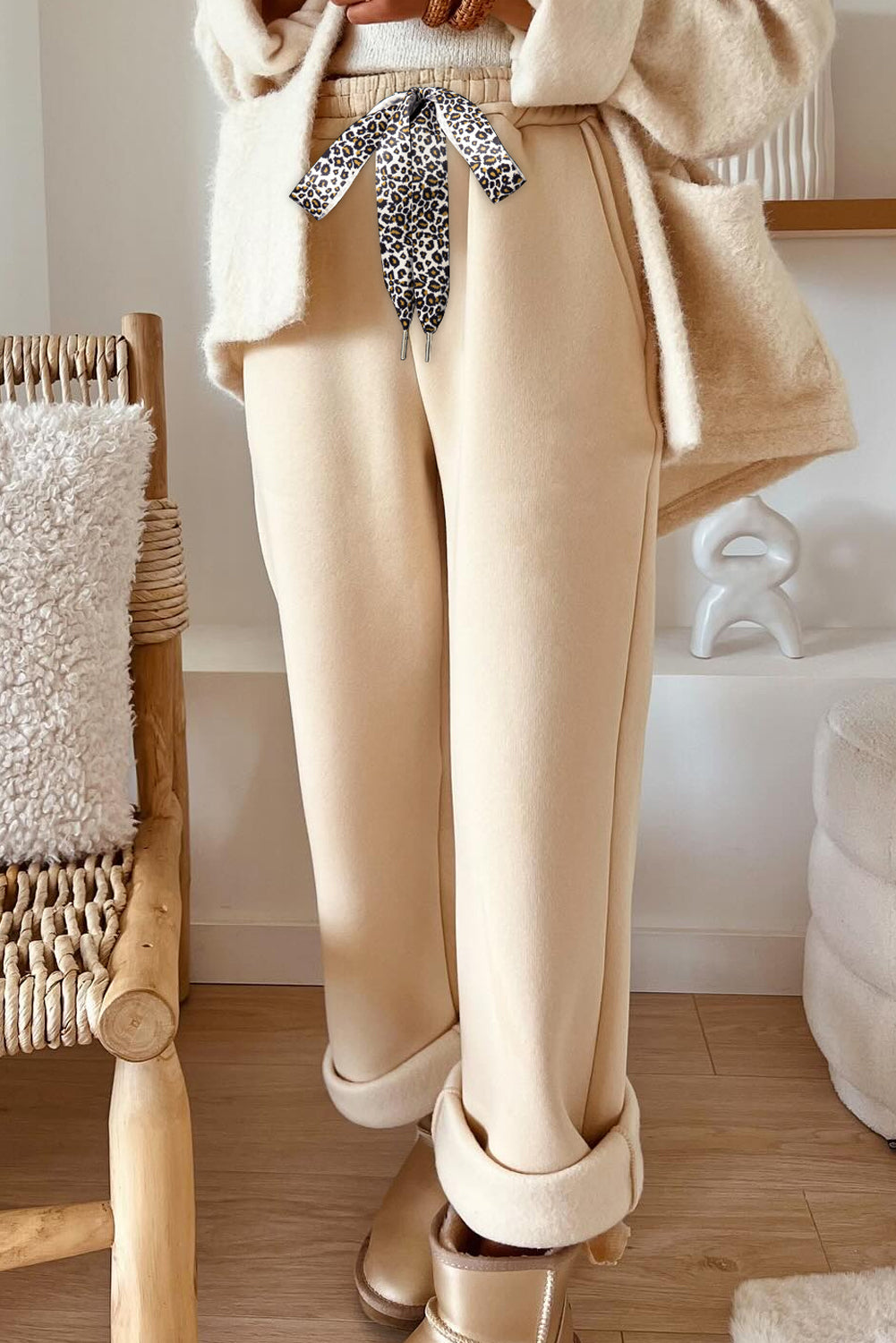 Fleece Lined Leopard Drawstring Elastic Waist Joggers - eAura