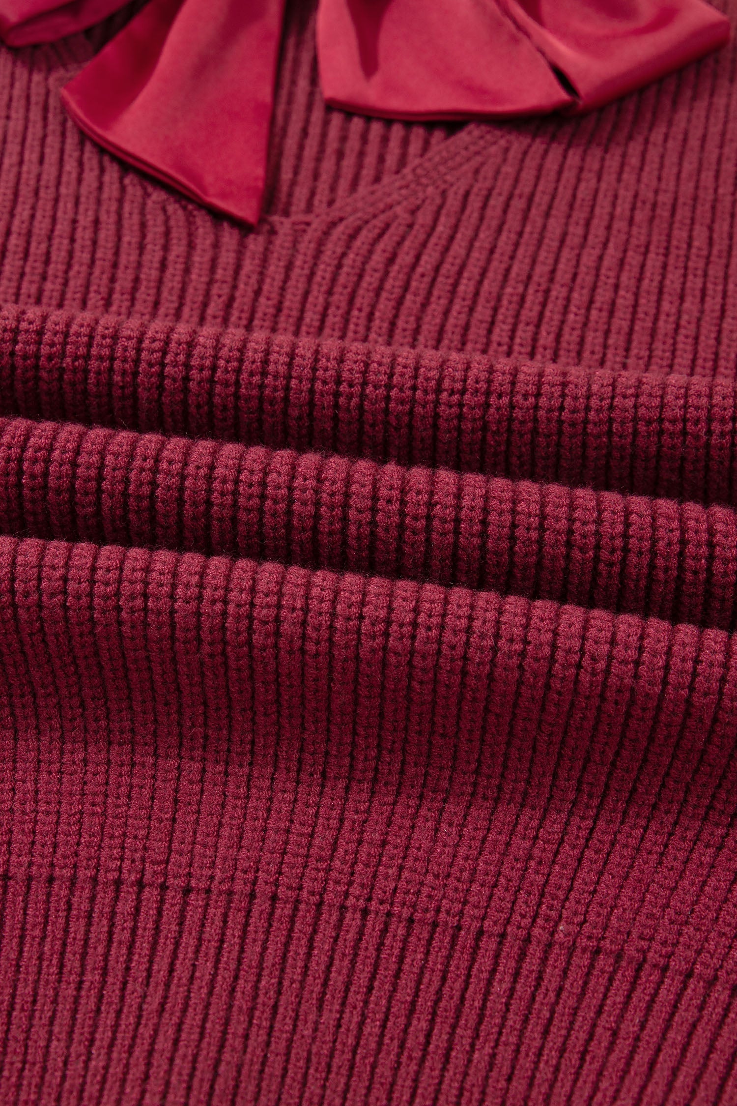 Rib Knit Ribbon Knot Backless Drop Shoulder Sweater - eAura