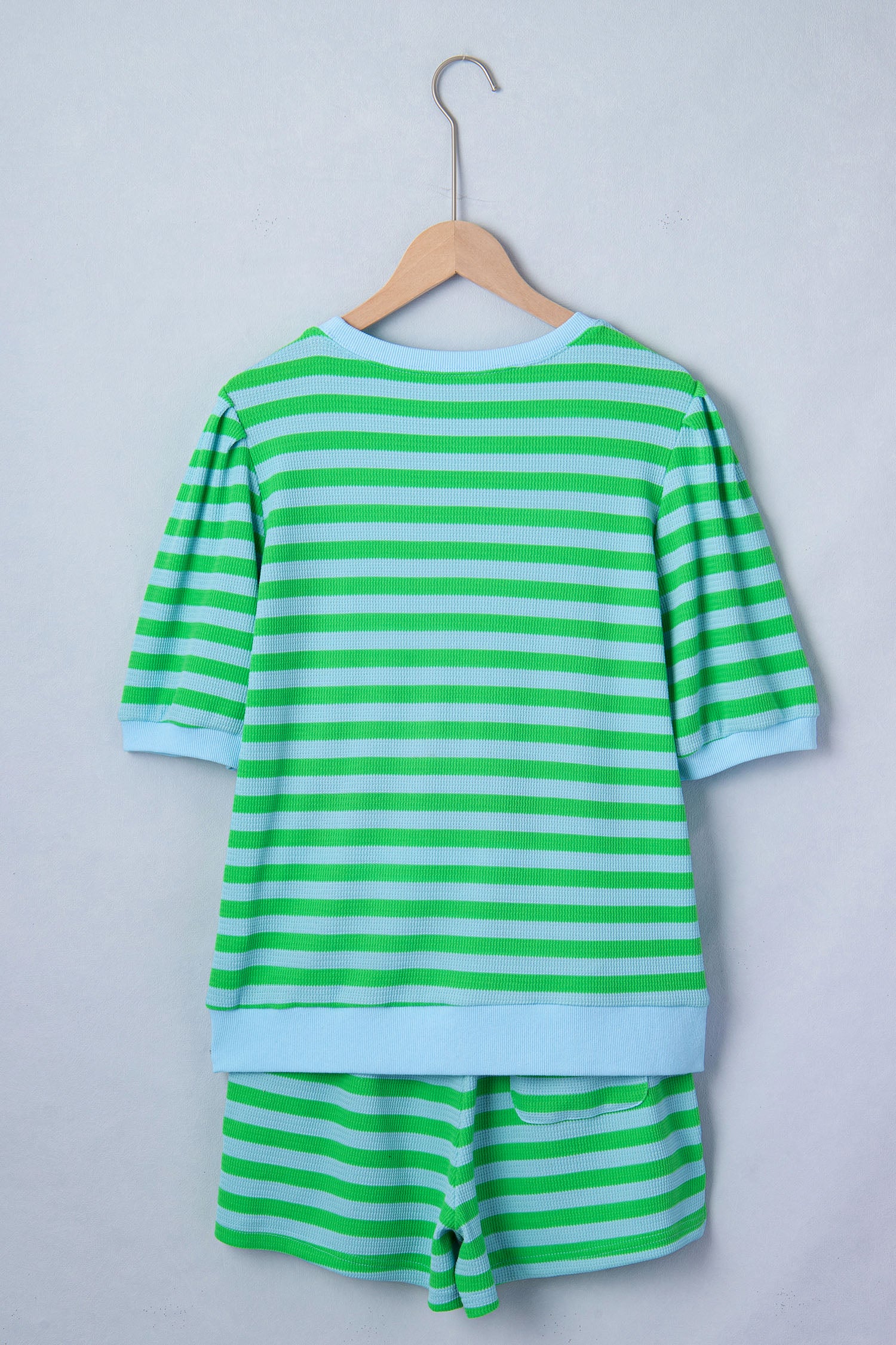 Puff Short Sleeve T Shirt Matching Shorts Set – Green Stripe