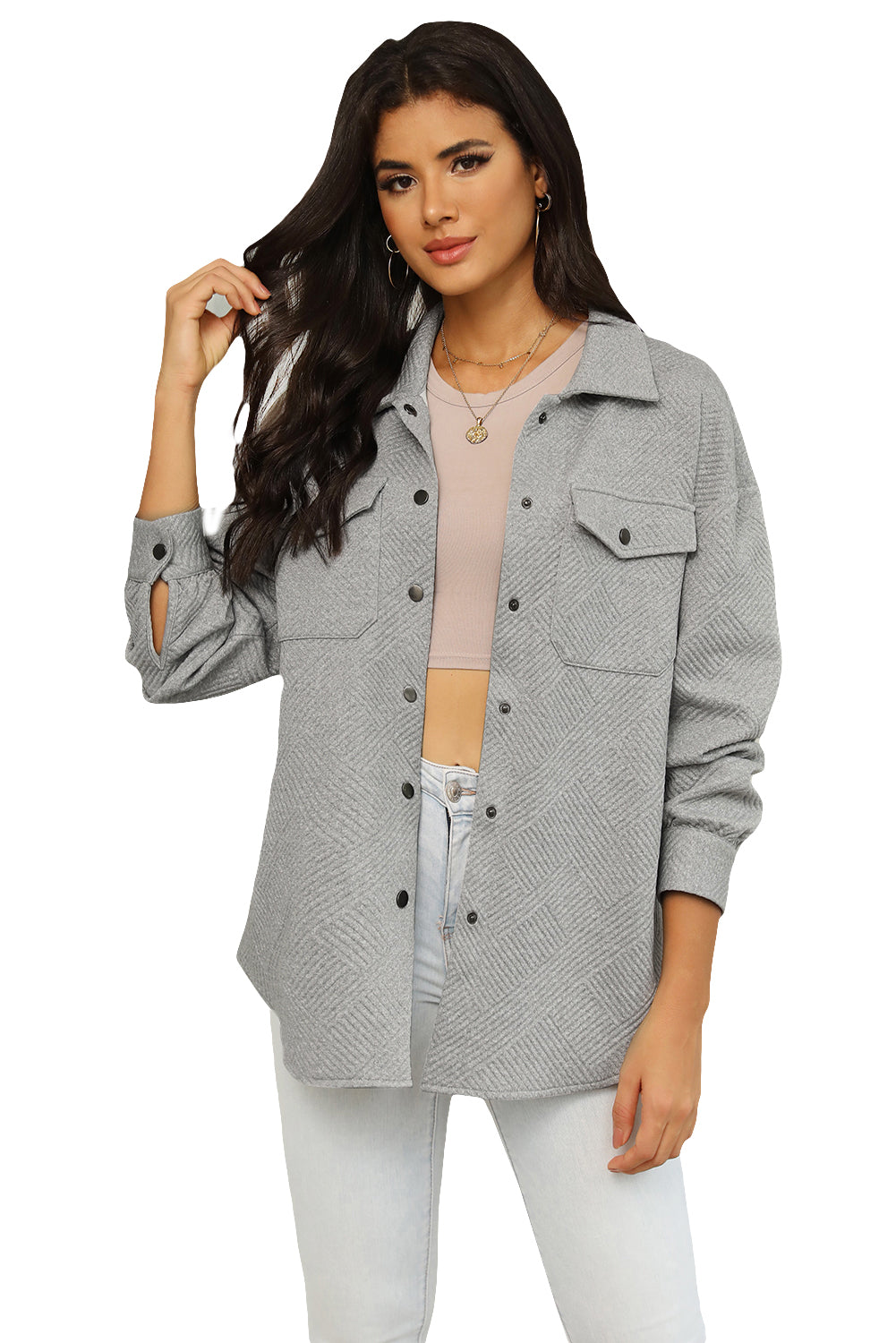 Grey Solid Textured Flap Pocket Buttoned Shacket eAura