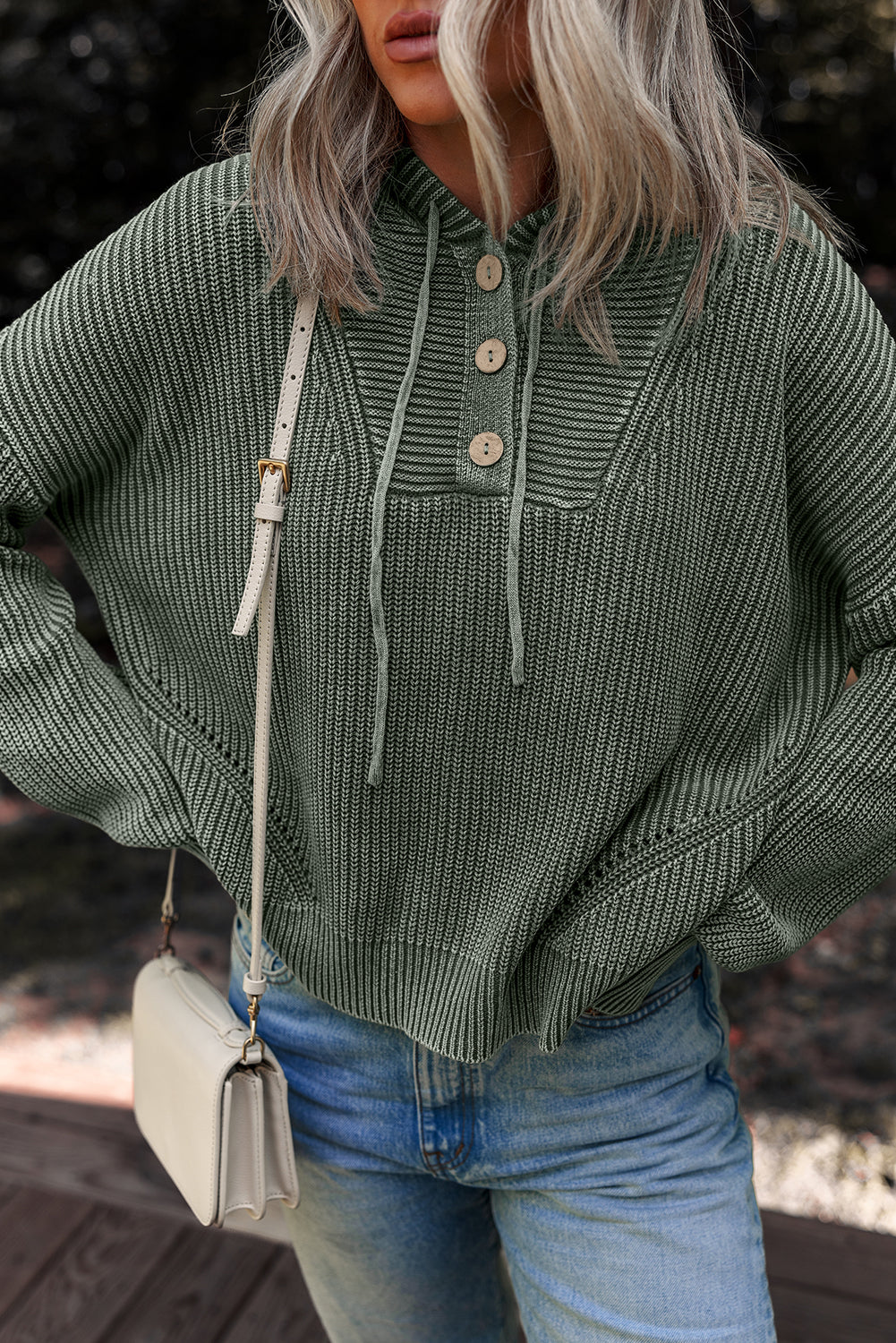 Mineral Wash Ribbed Button Drawstring Neck Hooded Sweater - eAura