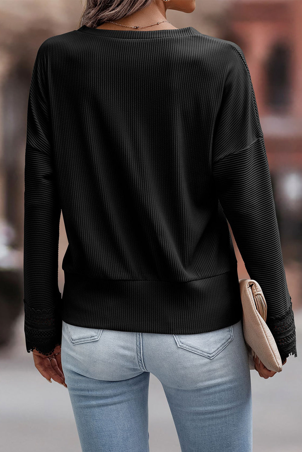 Ribbed Texture Lace Trim V Neck Long Sleeve Top BB Fashion Outlet
