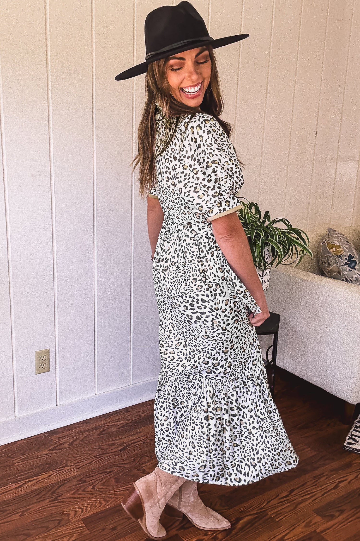 Leopard Print Puff Sleeve Maxi Dress – White