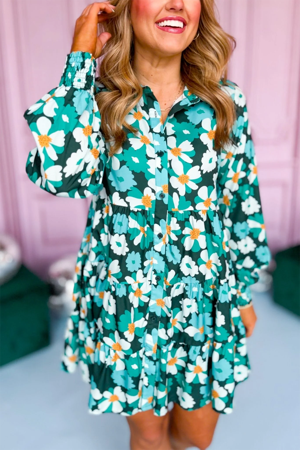 Green Floral Tiered Long Puff Sleeve Shirt Dress eAura