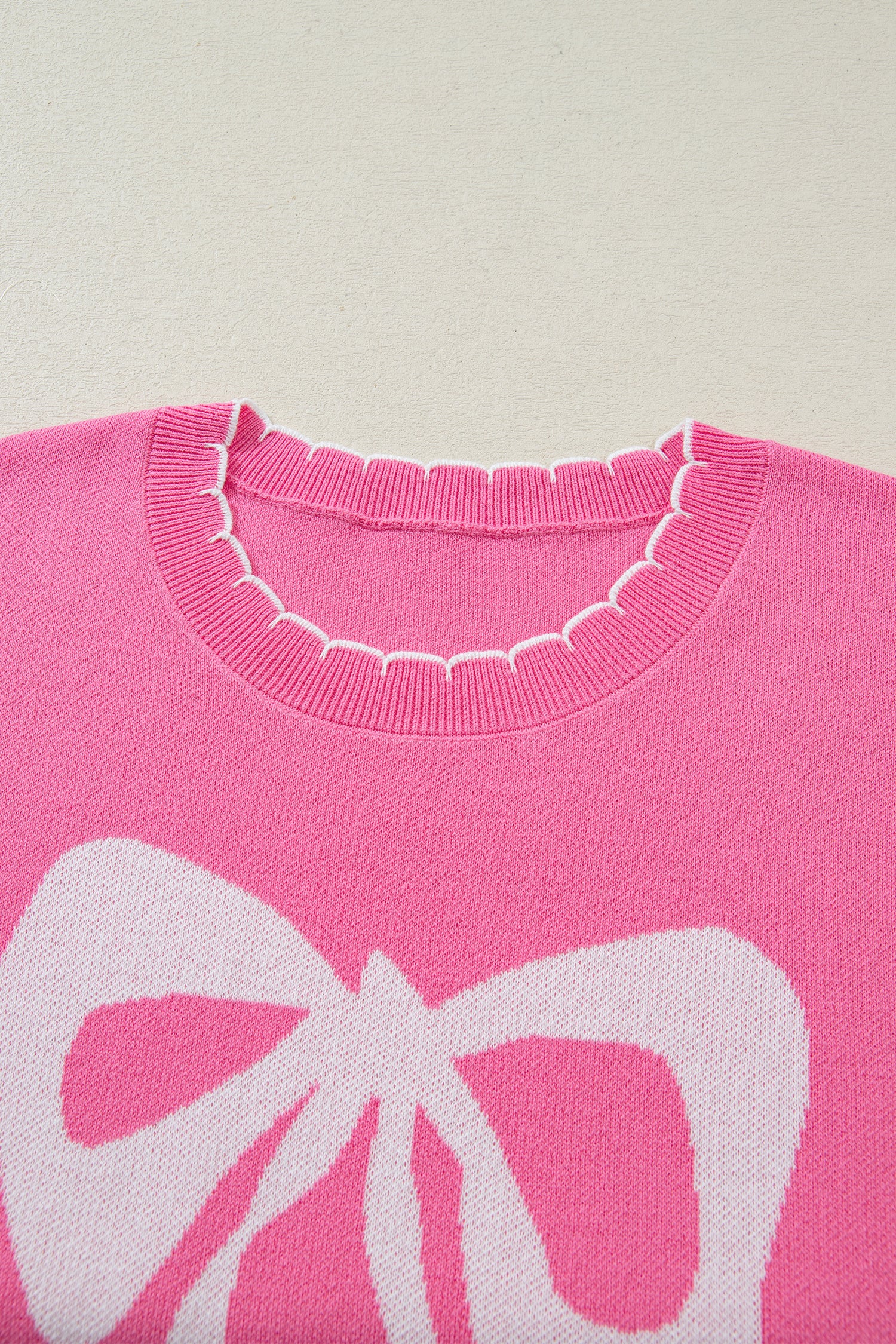Big Ribbon Bow Print Contrast Stitch Trim Drop Shoulder Sweater - Sweaters & Cardigans/Short Sleeve