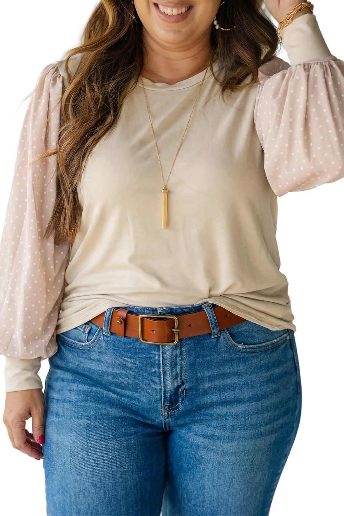 Polka Dot Long Sleeve Round Neck Plus Size Blouse – Parchment