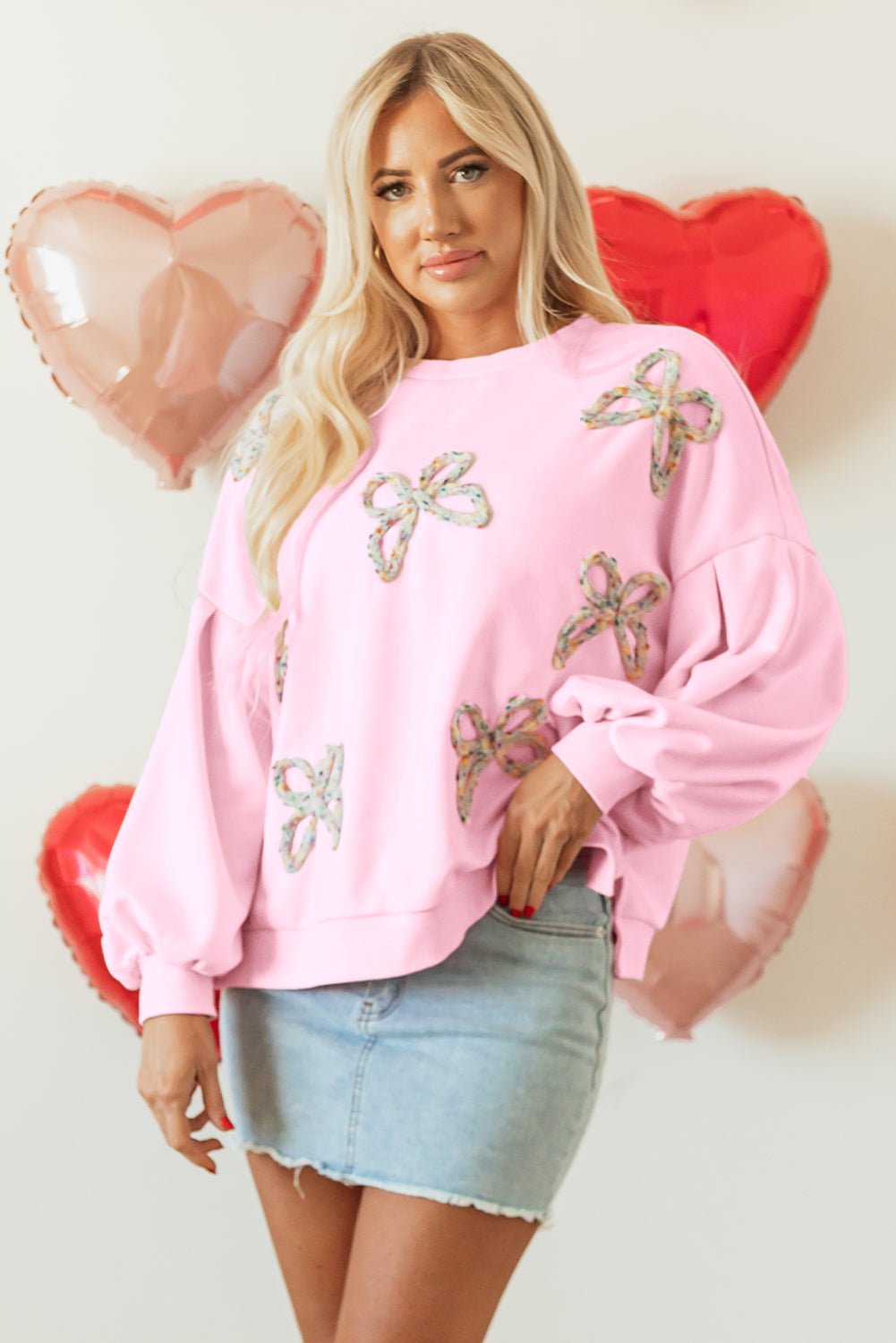 Light Pink Embroidered Bow Lantern Sleeve Oversized Pullover Sweatshirt eAura