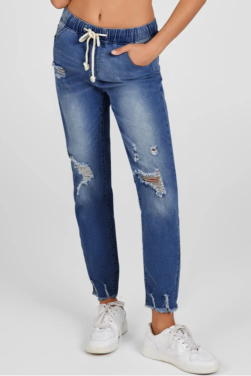Elastic Waist Straight Leg Destroyed Raw Hem Jeans – Dark Blue
