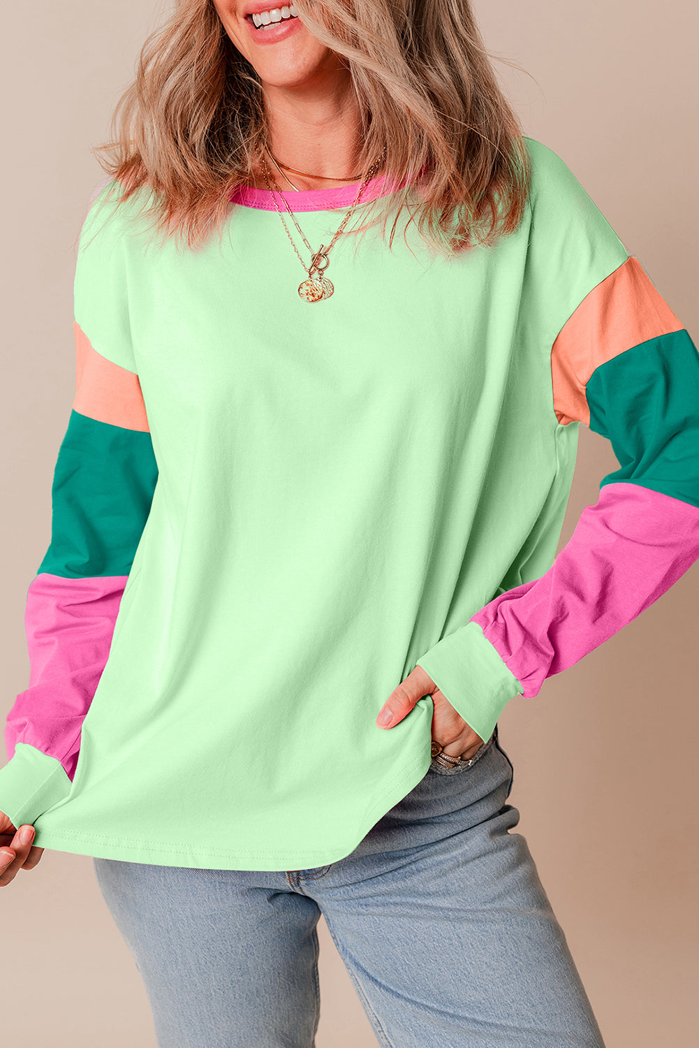 Dark Blue Colourblock Patchwork Long Sleeve Loose Top eAura
