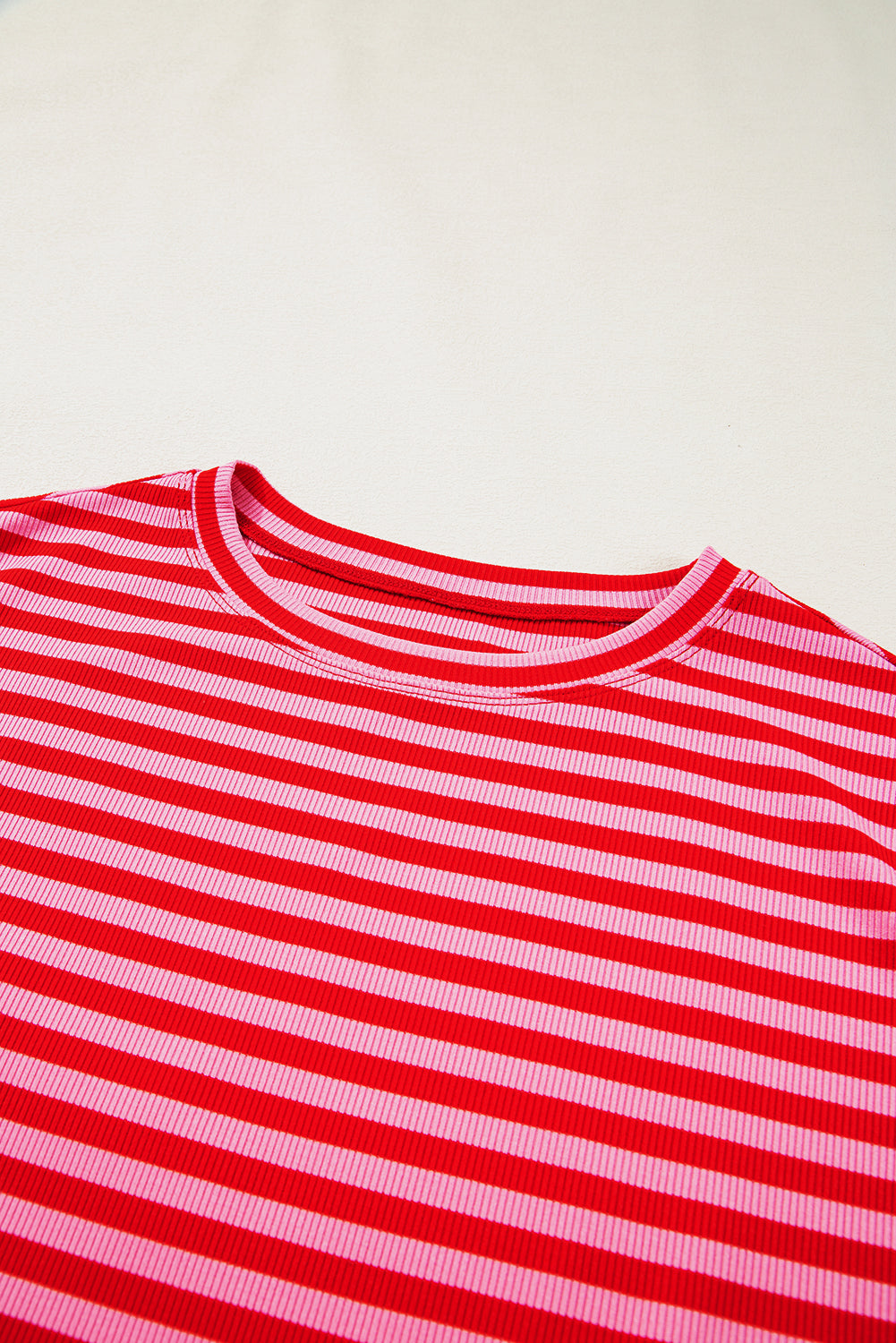 Red Stripe Ribbed Cap Sleeve Round Neck T Shirt - eAura