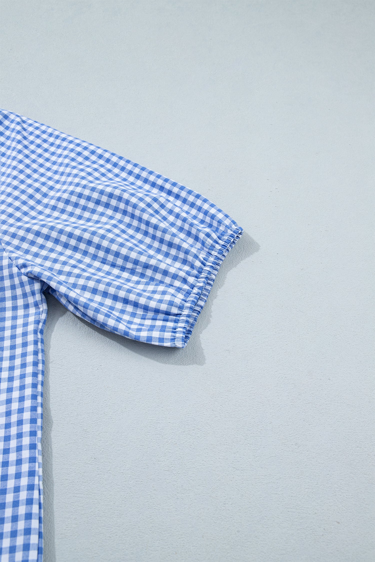 Sky Blue Summer Plaid V Neck Puff Sleeve Blouse – Light Blue