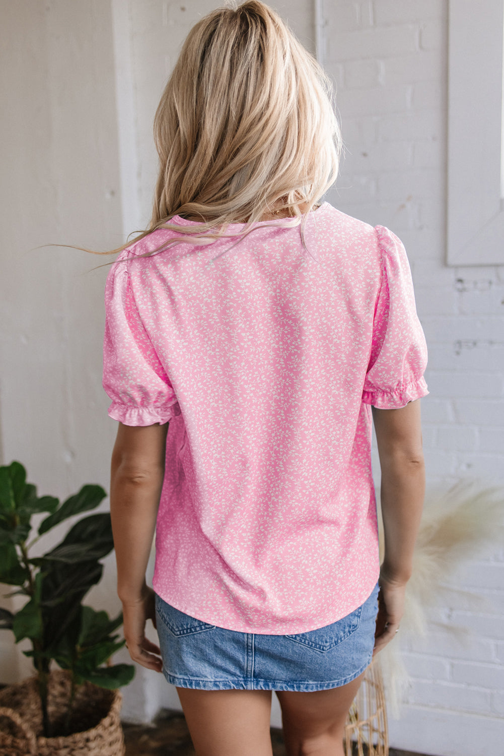 Pink Floral Embroidered Puff Sleeve Notched V-Neck Blouse eAura