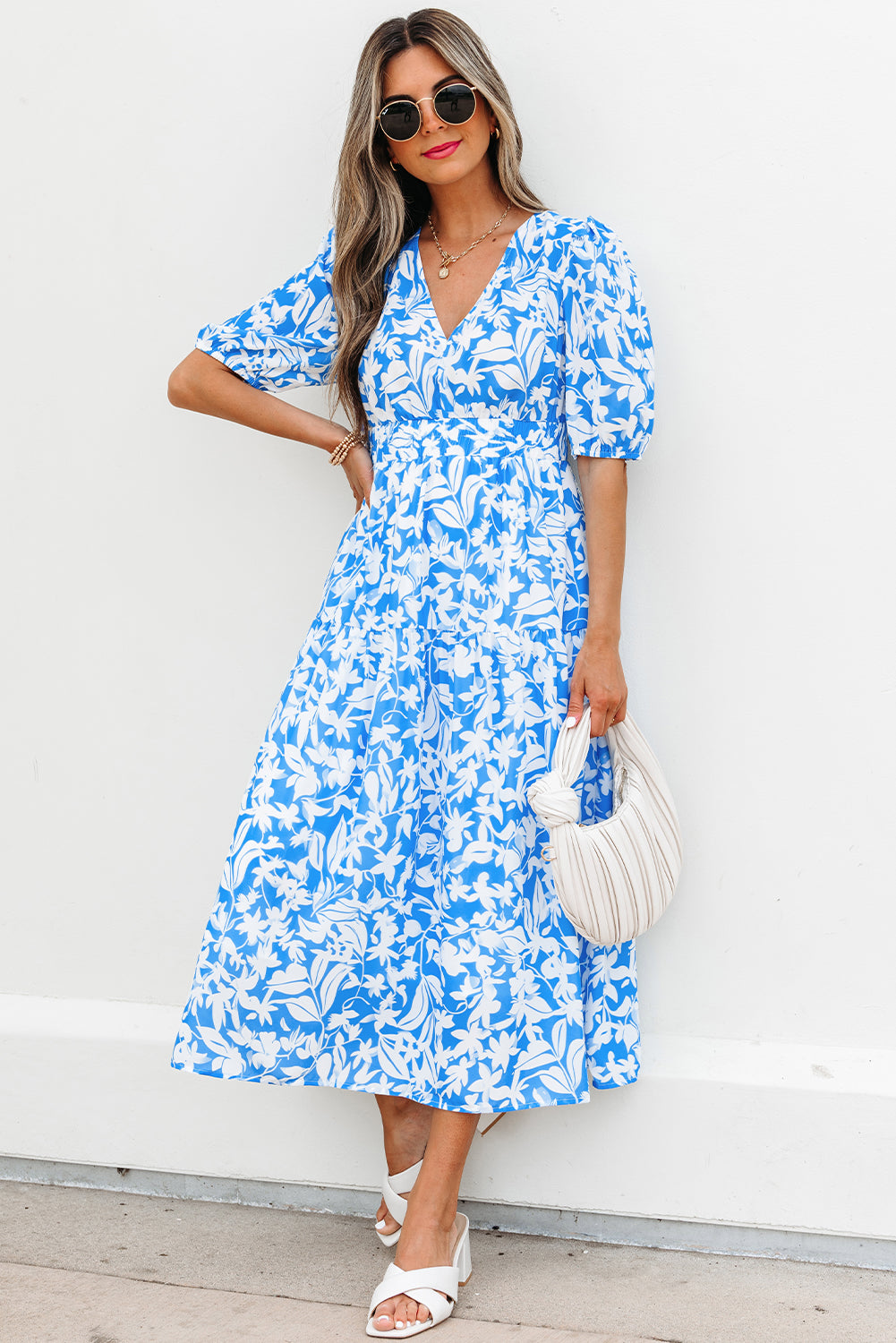 Sky Blue Floral V Neck Puff Short Sleeve Flowy Long Dress eAura