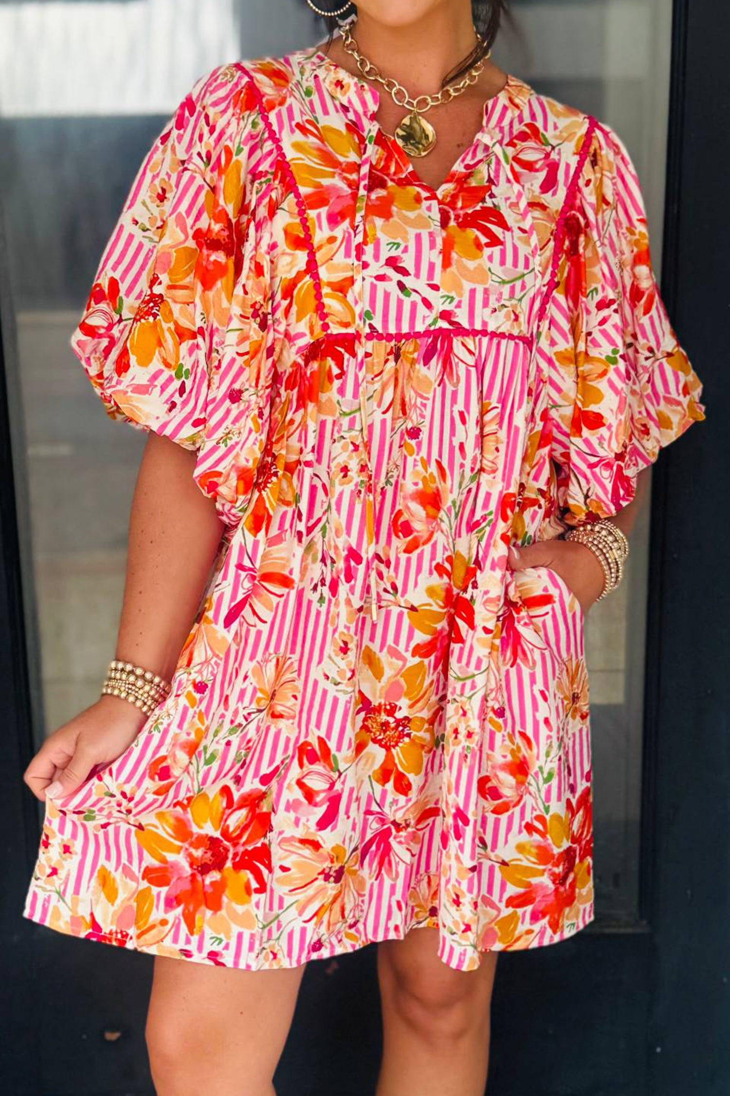 Striped Floral Print Tie Neck Puff Sleeve Loose Mini Dress
