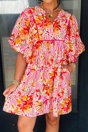 Striped Floral Print Tie Neck Puff Sleeve Loose Mini Dress