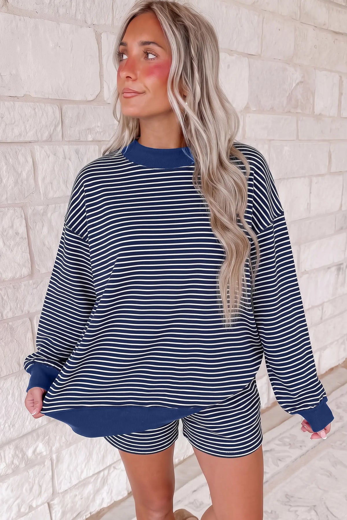 Ribbed Patchwork Mock Neck Baggy Pullover Matching Shorts Set – Blue Stripe