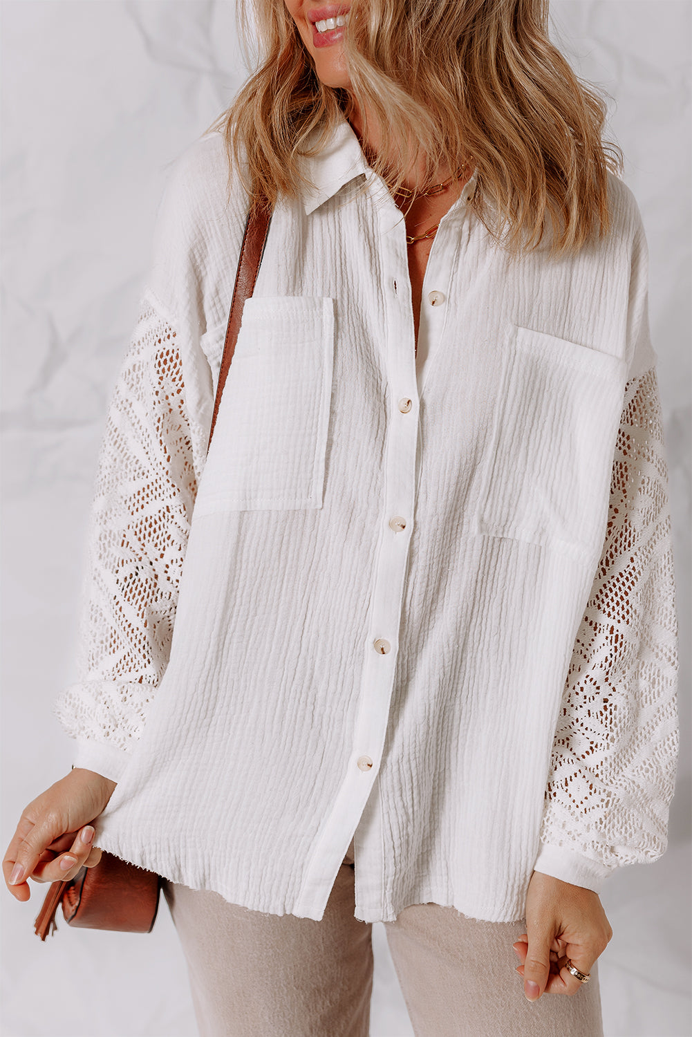White Cotton Gauze Lace Patchwork Long Sleeve Shirt - eAura