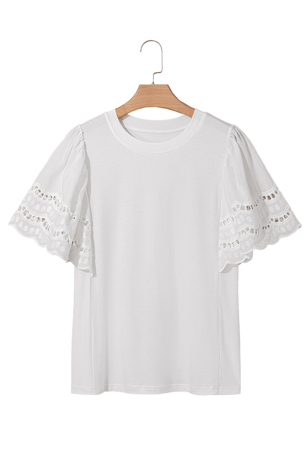 White Hollow Out Embroidered Short Sleeve O Neck Top eAura