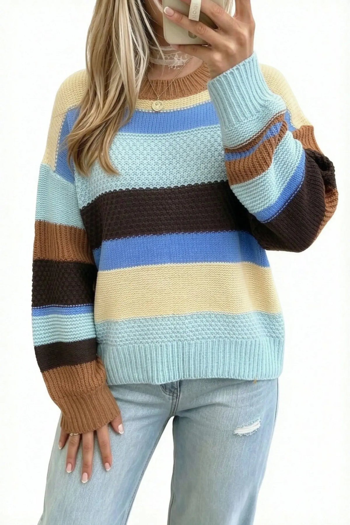 Colour Block Striped Round Neck Relaxed Sweater