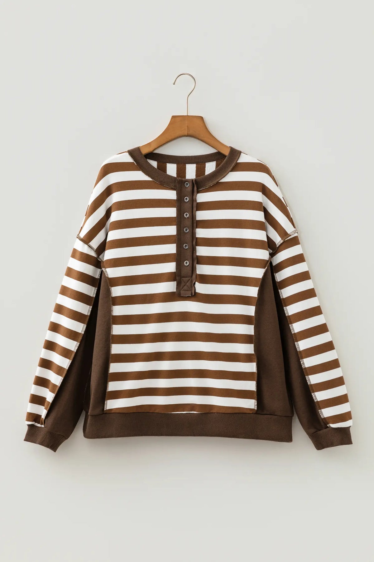 Exposed Seam Colour Block Patchwork Button Placket Sweatshirt – Brown Stripe