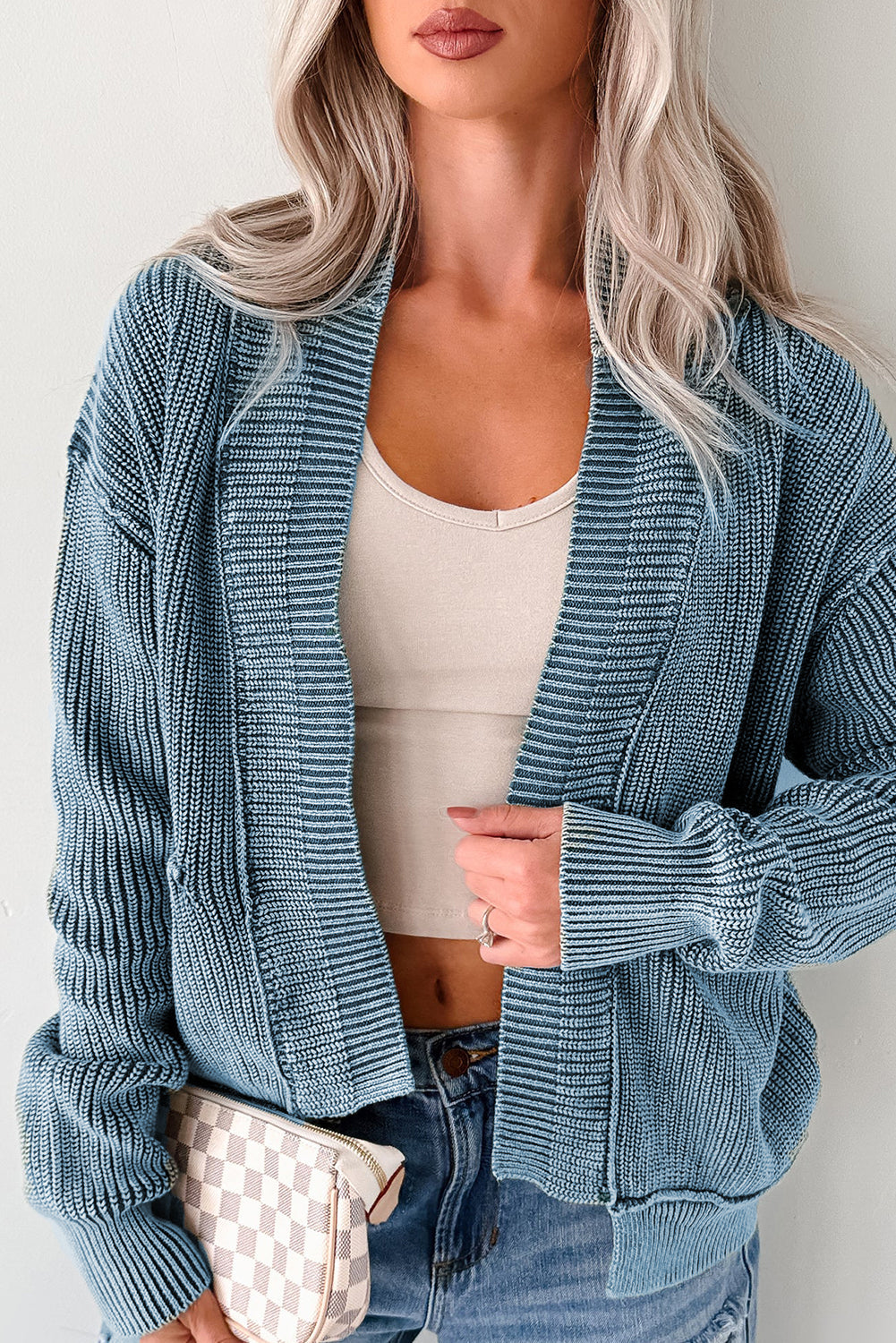 Mineral Wash Exposed Seam Patchwork Knit Open Sweater Cardigan - eAura