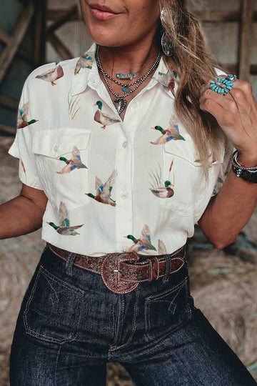 Mallard Printed Button Flap Pocket Short Sleeve Shirt – White